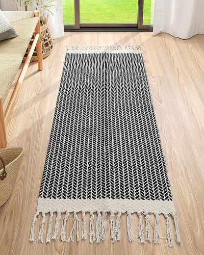 Lahome Boho Rugs for Entryway, 2x5 Laundry Room Rug Lightweigh Cotton Washable Runner Rug with Tassels, Farmhouse Black Bath Door Mats Indoor Non Shedding Runners for Hallways Bedroom