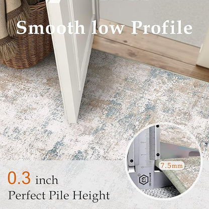 6x9 Washable Area Rug Beige Blue Abstract Living Room Bedroom Throw Rug Neutral Modern Non Slip Soft Low Pile Indoor Carpet for Dining Room Kitchen Office