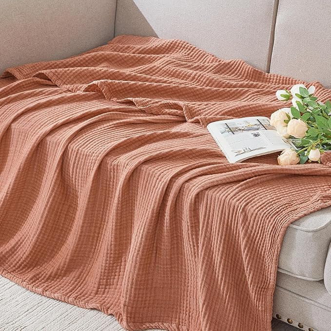EMME Cotton Muslin Large Throw Blanket Couch Breathable Gauze Blanket Soft Lightweight Bed Blankets Adults (Orange Red, 50"x70")