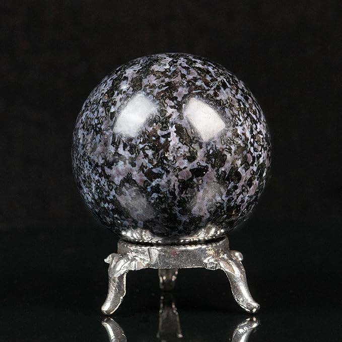 Crocon 45mm Indigo Gabbro Stone Sphere Ball with Metal Stand 1400+ Carats Gemstone Ball Healing Sphere Sculpture Figurine for Fengshui Divination Home Decoration Photography Crystal Sphere