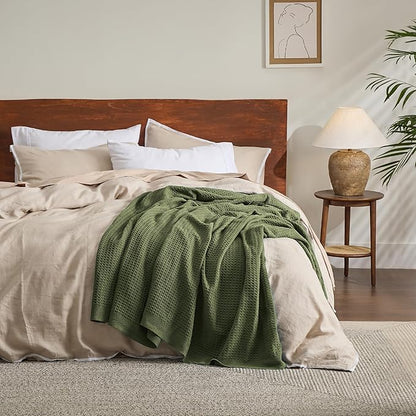 Bedsure Gentlesoft 100% Cotton Blanket Twin XL Size for College Dorm - Breathable and Soft, Waffle Weave Twin Blanket for Summer, Dorm Room Essentials, Olive Green, 66x90 inches