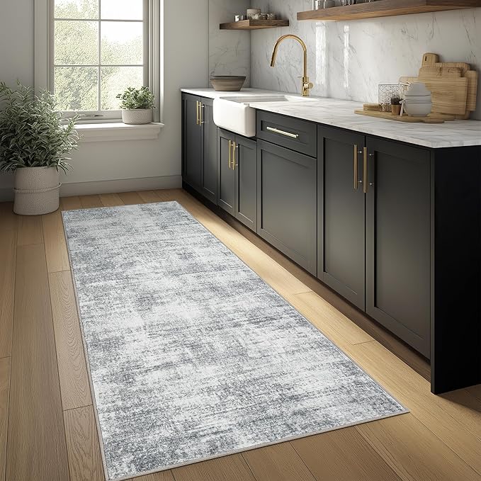 Modern Abstract Neutral Grey Kitchen Rugs Non Slip Washable Low Pile Bedside Rug Runners 2x6 Light Gray Floor Covering Carpet for Bathroom Laundry Room 2 x 6