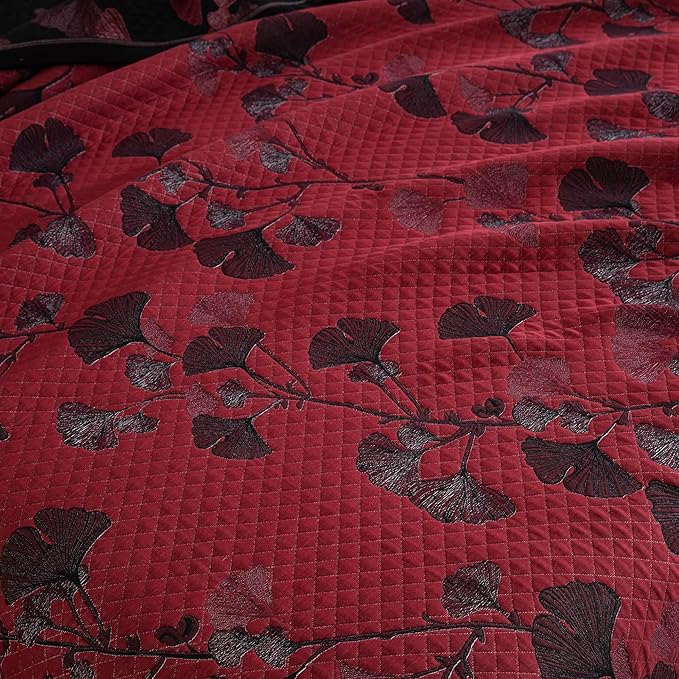 100% Cotton Muslin Jacquard 3 Piece Quilt Set Floral Ginkgo Leaf Print, Soft 3 Layers Gauze Bed Cover Reversible Bedspread Coverlet Breathable Lightweight Bedding Set, King