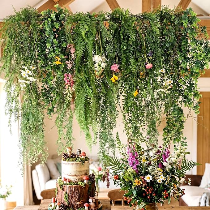 Dingion 6 Pack Artificial Hanging Plants for Forest Decorations 41.73 in Large Fake Greenery Plants Fake Persian Black Mondo Grass Eucalyptus for Home Wall Garden Indoor Outdoor Decoration