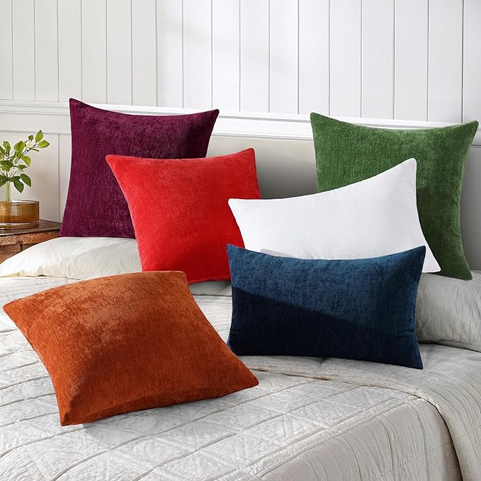 decorUhome Chenille Christmas Green Throw Pillow Covers 12x20 Inch Set of 2, Decorative Soft Couch Pillow Covers Solid Dyed Accent Farmhouse Neutral Rectangle Pillow Cases for Sofa