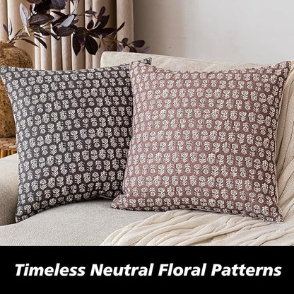 Foindtower Set of 2 Decorative Vintage Floral Print Throw Pillow Covers Neutral Modern Farmhouse Cushion Covers Boho Home Decor for Sofa Chair Couch Bedroom Living Room,18×18 Inch,Wine Red