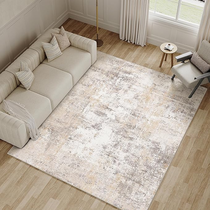 5x8 Washable Area Rug Beige Grey Abstract Living Room Bedroom Throw Rug Neutral Modern Non Slip Soft Low Pile Indoor Carpet for Dining Room Office Entryway