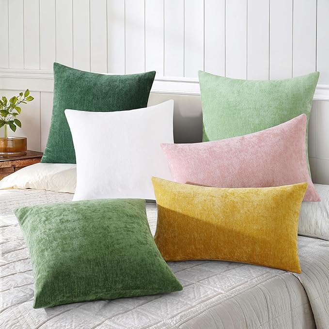 decorUhome Chenille White Spring Throw Pillow Covers 16x16 Inch Set of 2, Decorative Soft Couch Pillow Covers Solid Dyed Accent Farmhouse Neutral Square Pillow Cases for Sofa