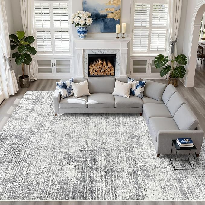 12x15 Area Rug Living Room: Washable Large Neutral Grey Rugs Abstract Soft Modern Stain Resistant Indoor Floor Non-Slip Carpet for Bedroom Nursery Kids Office Playroom Dining Room Under Table Home