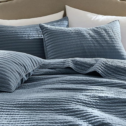 WDCOZY 100% Cotton Twin Size Quilt Set - Blue Striped Pick Stitch Soft Lightweight Bedspread, Textured Like Linen, Farmhouse Country Rustic Coverlet, Shabby Chic Gauze Bedding, 2 Pieces