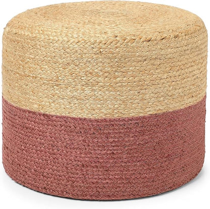 REDEARTH · Cylindrical Pouf Foot Stool Ottoman - Jute Braided Pouffe Poof Accent Sitting Footrest for Living Room, Bedroom, Nursery, Patio, Lounge & Other Rooms (Natural Rust, 18"X18"X14")