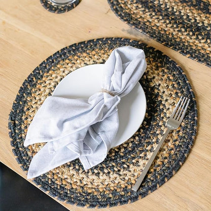 Homespice Kilimanjaro Round Braided Placemats, Warm Primitive Decor, Set of 2, 15" Black and Tan Jute Table Mats - Vibrant Colors, Durable, Easy to Clean and Protects Furniture