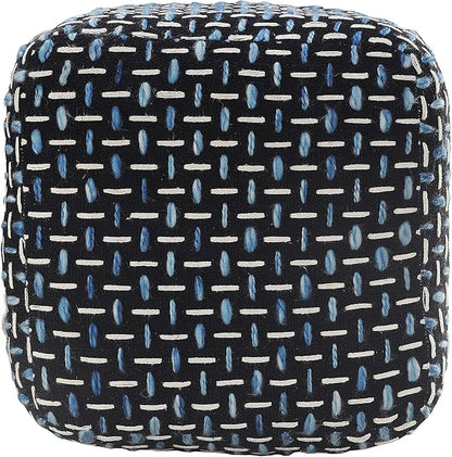L. R. Resources, Inc. LR Home Hand-Woven Black/White/Blue Geometric Cotton Square Ottoman Pouf for Home Decor | Indoor Foot Rest for Bedroom & Living Room | 16 x 16 x 16 Stuffed Ottoman for Seating