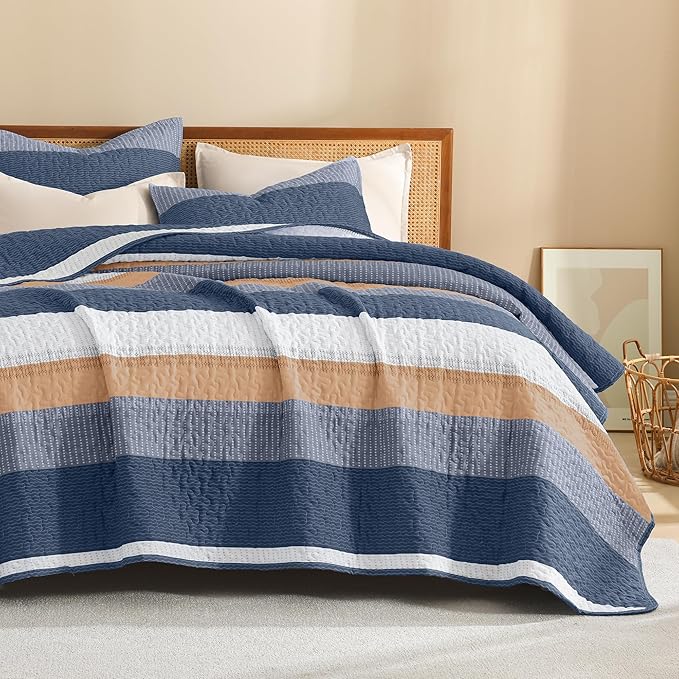 Litanika California King Quilt Set BlueO,Stripe Patchwork Summer Bedspread Coverlet, Soft Lightweight Microfiber Quilt Bedding Set for All Season(1 Quilt, 2 Pillowcases)