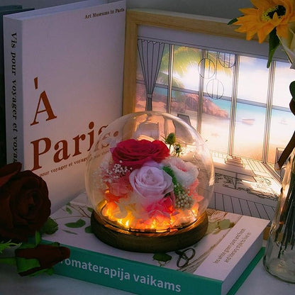 Pink Rose Birthday Gifts for Women Forever Flowers for Delivery Real Rose in Glass Dome with LED Strip, Preserved Flowers Gifts for Wife Girlfriend Mom on Wedding Anniversary