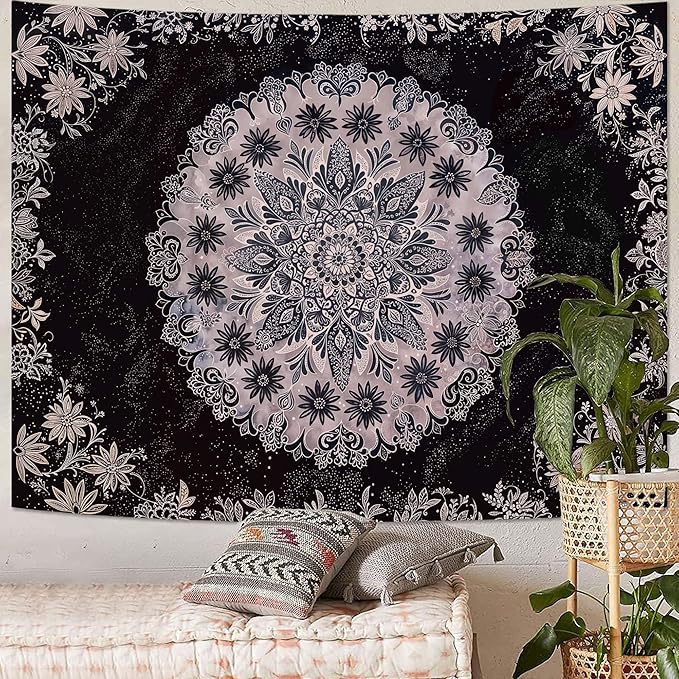Fowocu Boho Floral Mandala Tapestry Wall Hanging Grey Bohemian Flower Medallion Tapestry Aesthetic Gray Black Hippie Indian Small Tapestries for Bedroom Living Room Dorm Decor 60 x 44 Inch