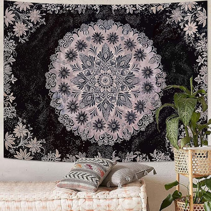 Fowocu Boho Floral Mandala Tapestry Wall Hanging Grey Bohemian Flower Medallion Tapestry Aesthetic Gray Black Hippie Indian Small Tapestries for Bedroom Living Room Dorm Decor 60 x 44 Inch