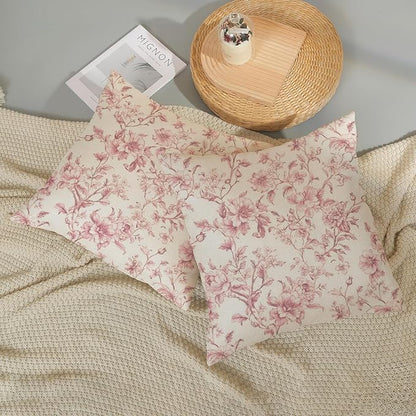 Pink Pillow Covers 20x20 Set of 2 Pink and Cream Floral Chinoiserie Throw Pillows Vintage Rustic Toile Flower Decorative Pillowcase Outdoor Chinoiserie Decor Linen Cushion Case for Couch Sofa