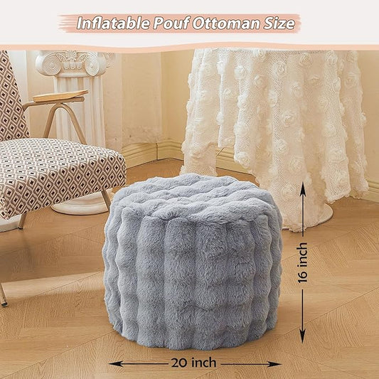 LIFEREVO Faux Rabbit Fur Round Inflatable Pouf Ottoman, 20" X 16" Shaggy Waffle Bubble Floor Poufs Foot Rest Living Room Bedroom, Furry Pouf Chair Foot Stool Couch Home Decor, Anti-Slip, Light Grey