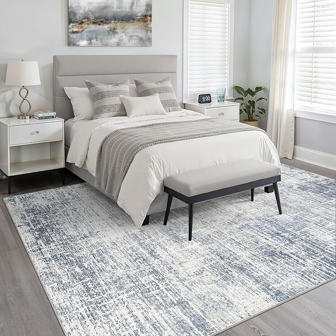 12x15 Area Rug Living Room: Washable Large Neutral Blue Rugs Abstract Soft Modern Stain Resistant Indoor Floor Non-Slip Carpet for Bedroom Nursery Kids Office Playroom Dining Room Under Table Home