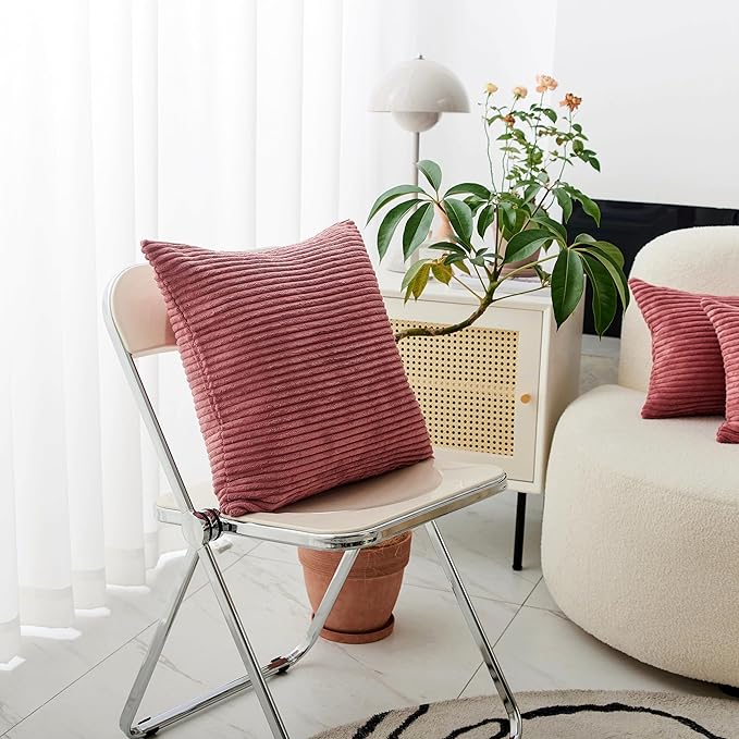 Home Brilliant Pillow Covers 22x22 Soft Cushion Covers Set of 2 Striped Velvet Throw Pillow Cases for Bed Living Room, 55x55 cm, 22 x 22 Inch, Dry Rose Pink