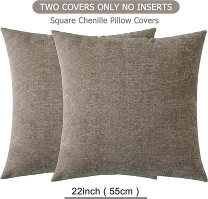 GAWAMAY Decorative Square Throw Pillow Covers Set of 2, Super Soft Chenille Farmhouse Fall Pillowcase for Living Room Bedroom Sofa Couch Home Decoration Cushion Cover Taupe Grey 55x55cm/22x22