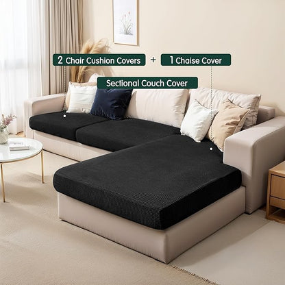 CHUN YI Stretch Sectional Couch Covers 1 Piece Chaise Lounge Slipcover L Shape Separate Cushion, Chaise Couch Cover for Both Left/Right Sectional Couch (Chaise Cover, Black)