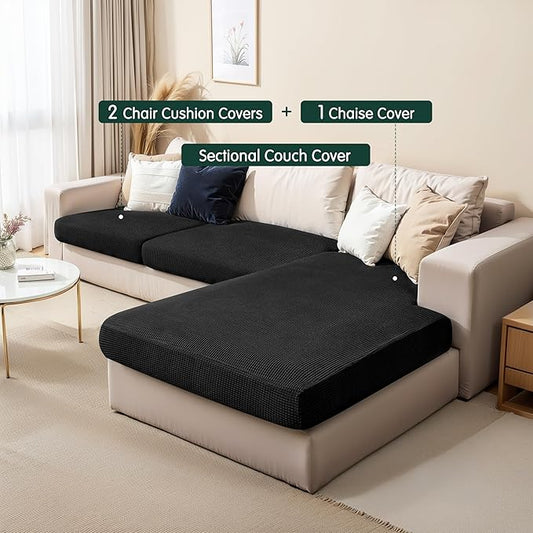 CHUN YI Stretch Sectional Couch Covers 1 Piece Chaise Lounge Slipcover L Shape Separate Cushion, Chaise Couch Cover for Both Left/Right Sectional Couch (Chaise Cover, Black)