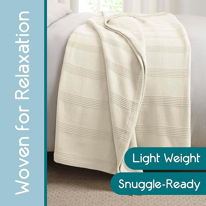 King Size 100% Cotton Blanket | Super Soft Breathable Lightweight Throw Blanket | All-Season Knit Blanket | Versatile Hotel Luxury | Easy Care | Oeko-Tex Certified | Ivory
