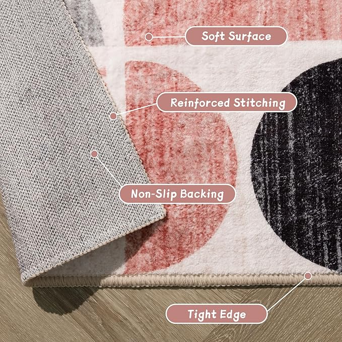 MUJOO Pink Runner Rug Washable,Boho 2x6 Area Rugs for Hallways Kitchen Bathroom Bedroom Entryway,Non Slip Carpet Long Mat Indoor,Soft Modern Abstract Pink and Grey