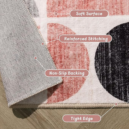 MUJOO Pink Rug Boho Washable,4x6.5 Area Rugs for Bedroom Entryway Living Room Bedside,Small Throw Floor Carpet Non Slip Soft Indoor Modern Abstract Pink and Grey