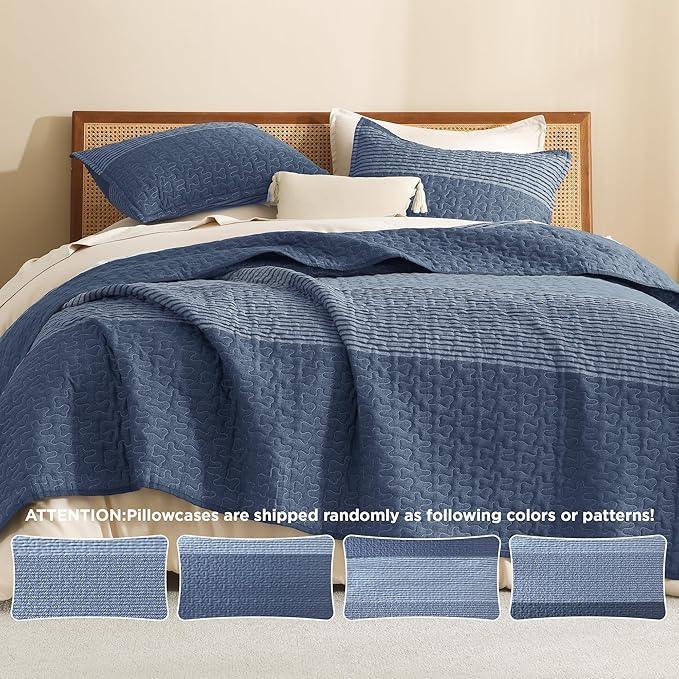 Litanika Oversized Queen Quilt Set Sapphire Blue, 98x98 Stripe Bedspread Coverlet 3 Pieces, Sapphire Blue Lightweight Quilted Bedding Set for All Season(Oversized Queen-1 Quilt, 2 Pillowcases)