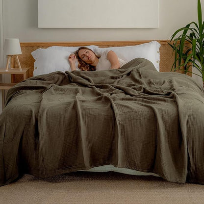 Muslin Blanket - Pure 100% Turkish Cotton Airy Soft Light Versatile Gauze Throw Blanket for Bed, Couch, Sofa (Khaki Green, Twin XL Size (71" x 95" inch))