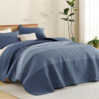 Litanika Oversized Queen Quilt Set Sapphire Blue, 98x98 Stripe Bedspread Coverlet 3 Pieces, Sapphire Blue Lightweight Quilted Bedding Set for All Season(Oversized Queen-1 Quilt, 2 Pillowcases)