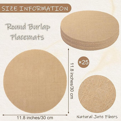 Kochorie 25 Pieces Burlap Placemats 11.8 Inch Round Reusable Brown Table Mats Natural Jute Fibers Placemats Bulk Circle Rustic Table Decorations for Dining Wedding Holiday Farmhouse Supplies