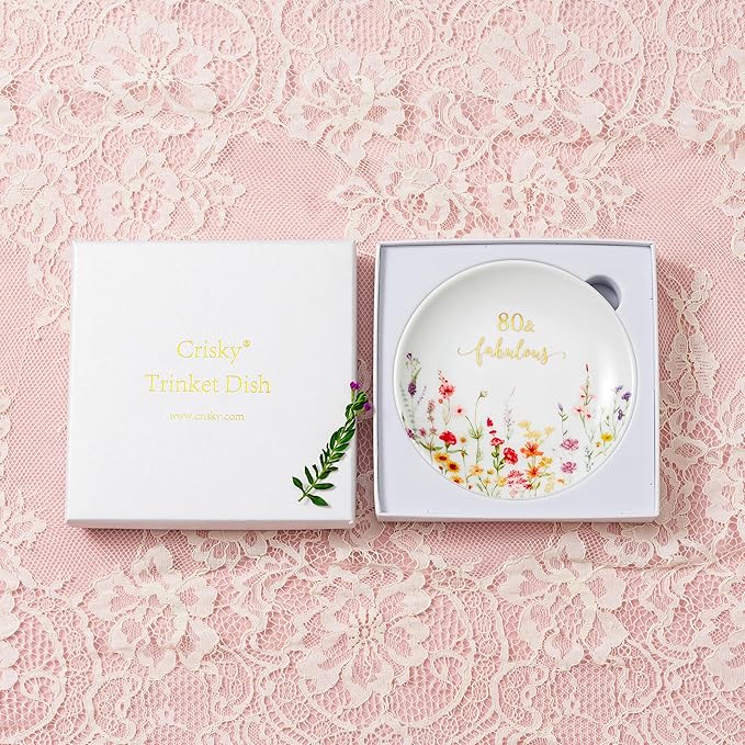 Crisky 80 Fabulous Jewelry Ring Dish for Women 80th Birthday Gifts Idea for 80 Year Old Gifts for Her Friend Sister Wife Mom Aunt Female Coworkers