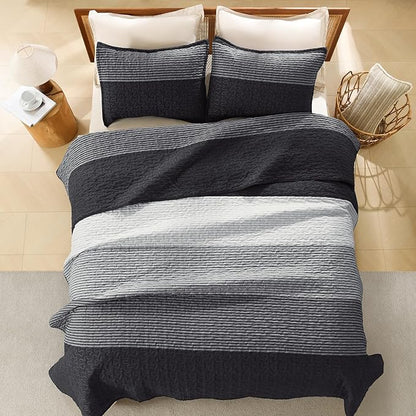 Litanika Oversized King Quilt Set Black and White, 120x120 Stripe Bedspread Coverlet 3 Pieces, Black and White Lightweight Quilted Bedding Set for All Season(Super King-1 Quilt, 2 Pillowcases)