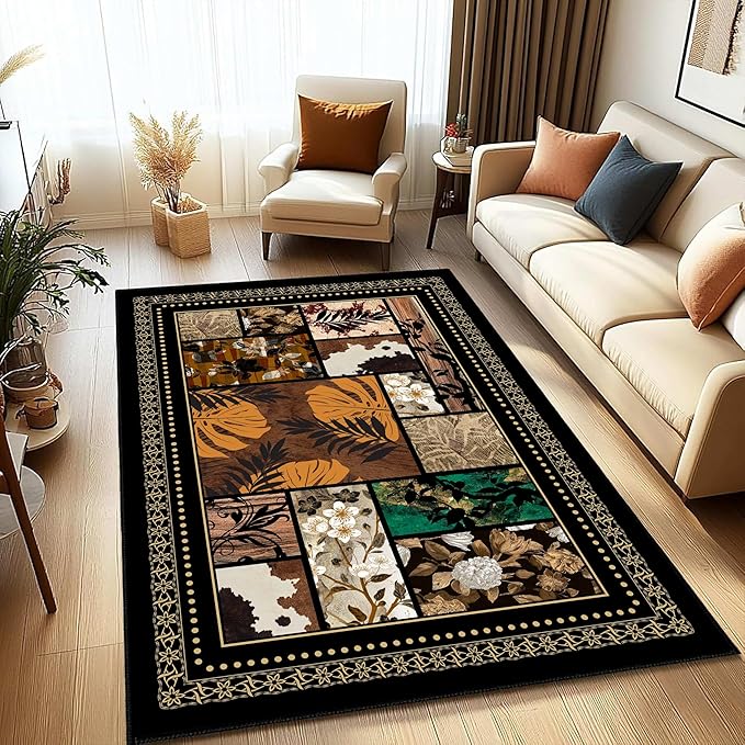 Patchwork Floral & Tropical Leaf Area Rug 6x9ft, Vintage Boho Pattern Low Pile Carpet, Non-Slip & Machine Washable for Bedroom, Living Room, Farmhouse, Home Office