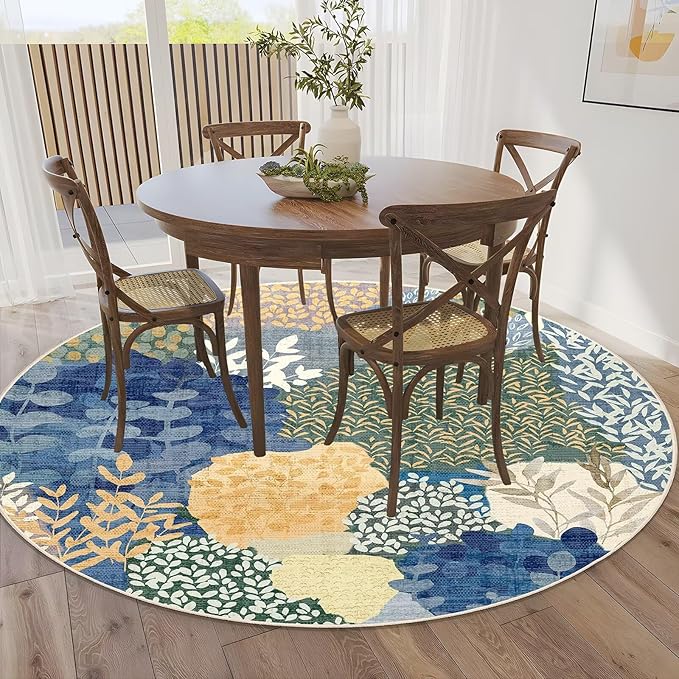 DEXDE Round Rug 5ft Washable Circle Area Rugs Non Slip Low Pile Boho Floral Large Circular Carpet for Bedroom Bathroom Entryway Kids Room Office Dining Room,Blue
