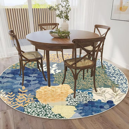 DEXDE Round Rug 5ft Washable Circle Area Rugs Non Slip Low Pile Boho Floral Large Circular Carpet for Bedroom Bathroom Entryway Kids Room Office Dining Room,Blue