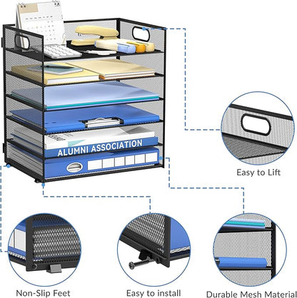 Daltack 6 Tier Paper Organizer for Desk, Paper Letter Tray Organizer for Desks, Mesh Desk File Organizers with Handle for Office, Home, School, Black