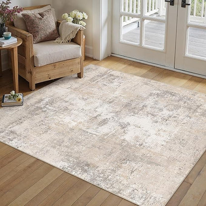 4x5 Washable Area Rug Beige Grey Abstract Entryway Office Throw Rug Neutral Modern Non Slip Soft Low Pile Indoor Carpet for Living Room Bedroom Kitchen Entrance