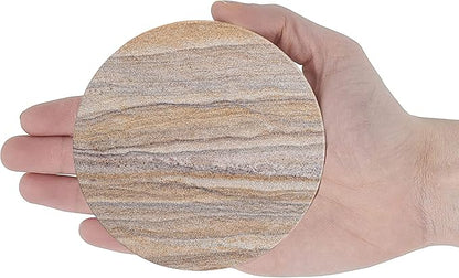Sandstone Water Absorbent Hand Crafted Round Coasters for Drinks - 4 Inches Wide Thirsty Stone Bar/Drink Coasters- Made from Rainbow Sandstone (Set of 4 Without Holder)