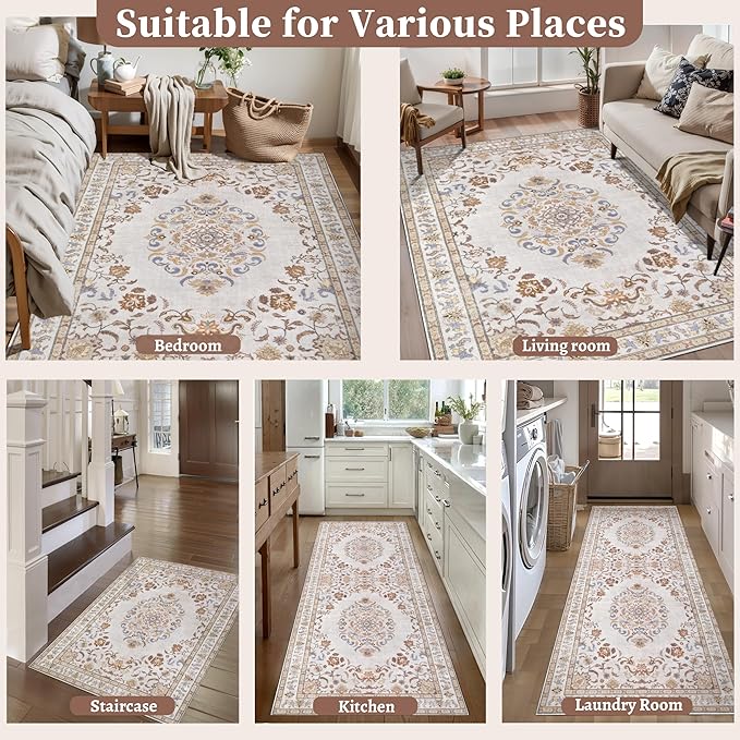 Tangsoo 2x3 Small Rug for Entryway, Washable Area Entry Rugs Non Slip, Neutral Low Pile Soft Area Rugs, Indoor Front Door Boho Throw Rug for Entrance Kitchen Bedroom Bathroom Home Decor