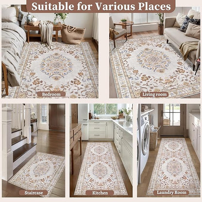 Tangsoo 2x6 Washable Runner Rug Non Slip, Vintage Boho Neutral Hallway Rug for Entry Kitchen, Soft Low Pile Beige Floor Carpet Runner for for Laundry, Bedroom, Living Room Home Decor