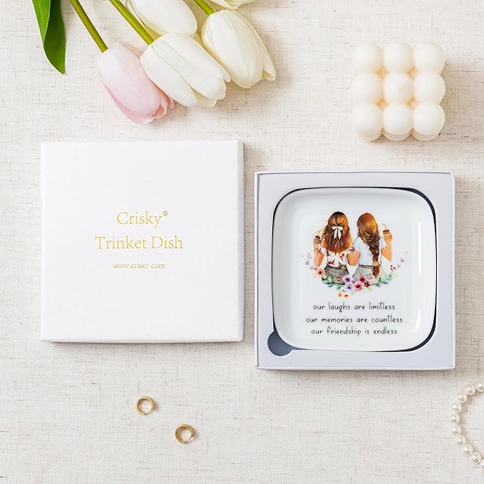 Crisky Best Friend Birthday Gifts for Women, Friendship Gifts for Women, Trinket Ring Dish Jewelry Tray for Friend Her Sisters Besties Long Distance Graduation Gift Ideas, Square