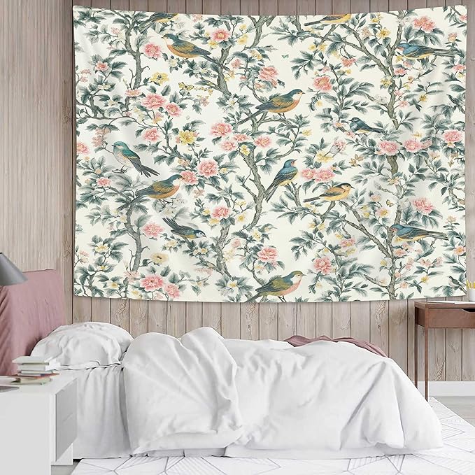 DYNH Vintage Floral Bird Tapestry,Chinese Style Aesthetics Jungle Botanical Tapestries,Farmhouse Country Watercolor Flowers Leaves Wall Hanging Decor for Bedroom Living Room,90x70In