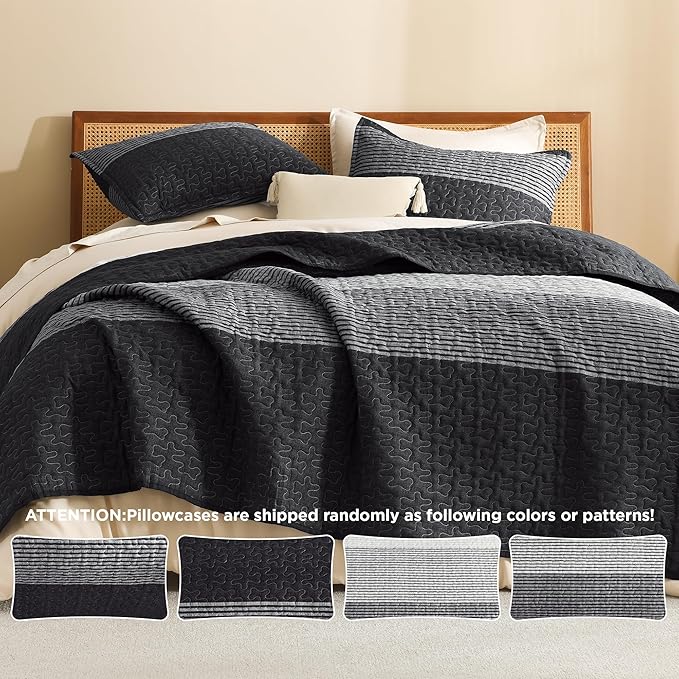 Litanika Quilt King Size Black, Grey and White, Gray Stripe Patchwork Summer Bedspread Coverlet 3 Pieces, Soft Lightweight Microfiber Comforter Bedding Set for All Season(1 Quilt, 2 Pillowcases)