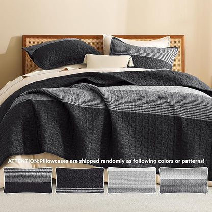Litanika Quilt King Size Black, Grey and White, Gray Stripe Patchwork Summer Bedspread Coverlet 3 Pieces, Soft Lightweight Microfiber Comforter Bedding Set for All Season(1 Quilt, 2 Pillowcases)