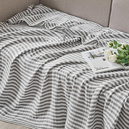 EMME Cotton Muslin Twin XL Blanket Breathable Gauze Soft Lightweight Adults Gifts for Women (Striped Grey, 66"x90")
